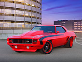 CAM 01 RK0274 01
1969 Chevrolet Camaro Z-28 Red 3/4 Front View On Pavement By Parking Garage At Dusk