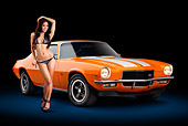 CAM 01 RK0277 01
1970 1/2 Chevrolet Camaro Z-28 Hugger Orange 3/4 Front View In Studio With Swimsuit Model