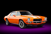 CAM 01 RK0279 01
1970 1/2 Chevrolet Camaro Z-28 Hugger Orange 3/4 Front View In Studio