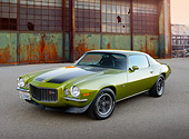 CAM 01 RK0283 01
1971 Chevrolet Camaro Z-28 RS Lime Green 3/4 Front View On Pavement By Old Factory Building