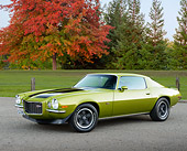 CAM 01 RK0284 01
1971 Chevrolet Camaro Z-28 RS Lime Green 3/4 Front View On Pavement By Grass And Autumn Trees
