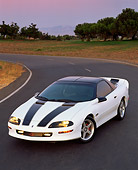 CAM 01 RK0038 01
1994 Chevrolet Camaro Z-28 White With Black Stripes 3/4 Front View On Curve