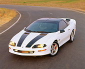 CAM 01 RK0038 06
1994 Chevrolet Camaro Z-28 White With Black Stripes 3/4 Front View On Curve