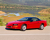 CAM 01 RK0045 04
1993 Chevrolet Camaro Z-28 Red 3/4 Front View On Road By Lake Hills