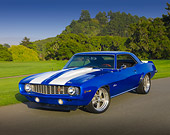 CAM 01 RK0110 01
1969 Chevrolet Camaro Z-28 Blue White Stripe 3/4 Front View On Pavement