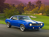 CAM 01 RK0111 01
1969 Chevrolet Camaro Z-28 Blue White Stripe 3/4 Front View On Pavement