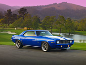 CAM 01 RK0112 01
1969 Chevrolet Camaro Z-28 Blue White Stripe 3/4 Side View On Pavement