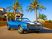 CAM 01 RK0140 01
1968 Chevrolet Camaro Z-28 RS Convertible Le Mans Blue White Stripe 3/4 Front View On Pavement