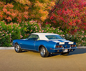 CAM 01 RK0146 01
1968 Chevrolet Camaro Z-28 Le Mans Blue White Stripe 3/4 Rear View In Street