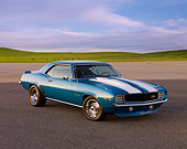 CAM 01 RK0156 01
1969 Chevrolet Camaro Z-28 RS Le Mans Blue With White Stripes 3/4 Front View By Mountain