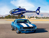 CAM 01 RK0161 01
1969 Chevrolet Camaro Z-28 RS Le Mans Blue With White Stripes 3/4 Front View On Pavement By Helicopter