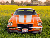 CAM 01 RK0172 01
1970 Chevrolet Camaro Z-28 Hugger Orange And White Stripe Front View In Field Of Yellow Wildflowers