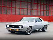CAM 02 RK0055 01
1969 Chevrolet Camaro SS 454 Silver 3/4 Front View On Pavement By Building