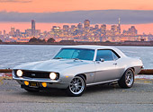 CAM 02 RK0060 01
1969 Chevrolet Camaro SS 454 Silver 3/4 Front View On Pavement By Water And City