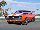 CAM 02 RK0069 01
1969 Chevrolet Camaro SS Orange With White Stripes 3/4 Front View On Pavement By Palm Trees And Water Tower
