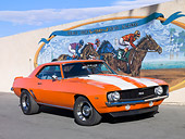 CAM 02 RK0070 01
1969 Chevrolet Camaro SS Orange With White Stripes 3/4 Front View On Pavement By Horse Racing Mural