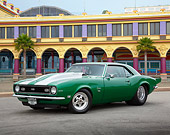 CAM 02 RK0177 01
1968 Chevrolet Camaro SS Green With White Stripes 3/4 Front View On Pavement At Boardwalk