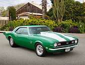 CAM 02 RK0178 01
1968 Chevrolet Camaro SS Green With White Stripes 3/4 Front View On Pavement By Cacti And House
