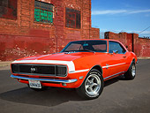 CAM 02 RK0180 01
1968 Chevrolet Camaro SS Hugger Orange 3/4 Front View On Pavement By Brick Building