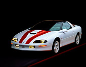 CAM 02 RK0014 01
1997 Chevrolet Camaro SS 30th Anniversary White Red Stripes 3/4 Front View On Red Line Studio