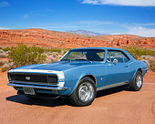 CAM 03 BK0013 01
1967 Chevrolet Camaro SS 360 Blue 3/4 Front View On Sand In Desert