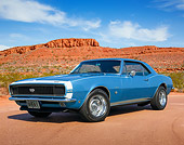 CAM 03 BK0014 01
1967 Chevrolet Camaro SS 360 Blue 3/4 Front View On Sand In Desert