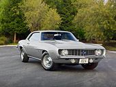 CAM 03 RK0229 01
1969 Chevrolet Camaro ZL-1 Silver 3/4 Front View On Pavement By Trees