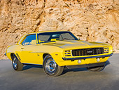 CAM 03 RK0238 01
1969 Chevrolet COPO Camaro RS Yellow 3/4 Front View On Pavement By Red Rock