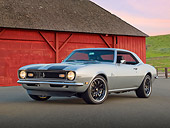 CAM 03 RK0250 01
1968 Chevrolet Camaro Silver With Black Stripes 3/4 Front View On Pavement By Red Barn