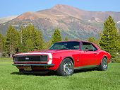 CAM 03 RK0261 01
1967 Chevrolet Camaro Red 3/4 Front View On Grass By Evergreen Trees And Mountain
