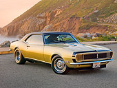 CAM 04 RK0131 01
1968 Chevrolet Camaro RS Ivy Gold 3/4 Front View On Pavement By Sand Dune