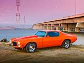 CAM 04 RK0152 01
1970 Chevrolet Camaro Orange With Red Stripes 3/4 Front View On Dirt By Water And Bridge