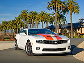CAM 04 RK0167 01
2011 Chevrolet SLP Camaro ZL 585 White With Red Stripes 3/4 Front View On Pavement By Palm Trees