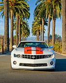 CAM 04 RK0170 01
2011 Chevrolet SLP Camaro ZL 585 White With Red Stripes Front View On Pavement By Palm Trees