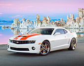 CAM 04 RK0177 01
2011 Chevrolet SLP Camaro ZL 585 White With Red Stripes 3/4 Front View On Pavement By Water And Icy Rocks