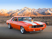 CAM 04 RK0238 01
1969 Chevrolet Camaro Orange With White Stripes 3/4 Front View On Pavement By Mountains