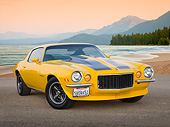 CAM 04 RK0251 01
1971 Chevrolet Camaro High Velocity Yellow With Charcoal Pearl Stripes 3/4 Front View On Beach