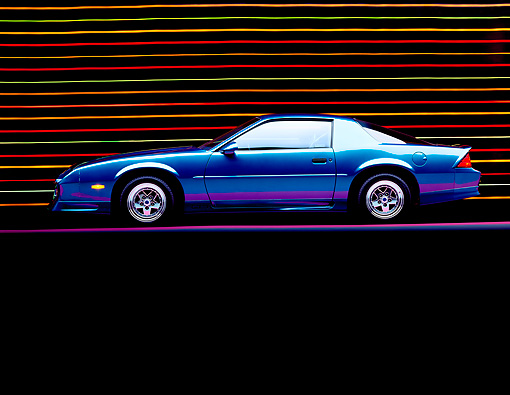 CAM 04 RK0020 03 1991 Blue Chevy Camaro Side View On Purple Blue Lines