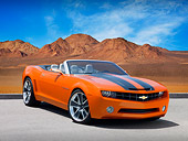 CAM 04 RK0091 01
Chevrolet Camaro Convertible Concept Orange And Black Low 3/4 Front View On Pavement