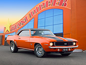 CAM 07 RK0131 01
1969 Chevrolet Camaro RS/SS Hugger Orange With Black Stripes 3/4 Front View On Pavement By Giant Dipper