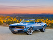 CAM 07 RK0082 01
1968 Chevrolet Camaro SS Convertible Blue 3/4 Front View On Pavement By Valley