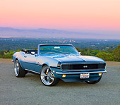 CAM 07 RK0083 01
1968 Chevrolet Camaro SS Convertible Blue 3/4 Front View On Pavement By Valley