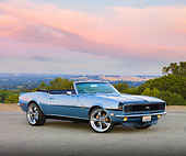 CAM 07 RK0086 01
1968 Chevrolet Camaro SS Convertible Blue 3/4 Front View On Pavement By Valley