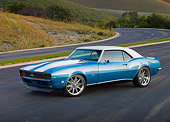 CAM 07 RK0101 01
1968 Chevrolet Camaro RS/SS Blue And White Stripe 3/4 Front View On Street