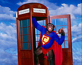 CHI 03 RK0107 03
Humorous Chimpanzee Wearing Superhero Costume Emerging From Telephone Booth: Superchimp