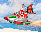 CHI 03 RK0312 01
Santa And Elf Chimpanzees With Gifts Flying Rocket Sleigh In Snow