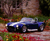 COB 01 RK0020 24
1967 Shelby Cobra S/C 427 Blue White Stripe 3/4 Front View On Brick By Flowers
