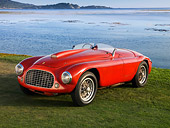 FRR 03 RK0121 01
1950 Ferrari 166 MM Touring  Barchetta Red Front 3/4 View On Grass By Water Mountains Sky
