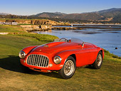FRR 03 RK0122 01
1950 Ferrari 166 MM Touring  Barchetta Red Front 3/4 View On Grass By Water Mountains Sky