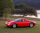 FRR 04 RK0109 04
1965 Ferrari LM 250 Red 3/4 Front View On Grass By Lake And Trees